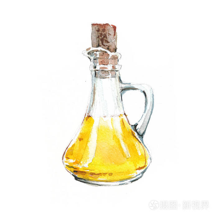 水彩插图与一瓶植物油在白色背景