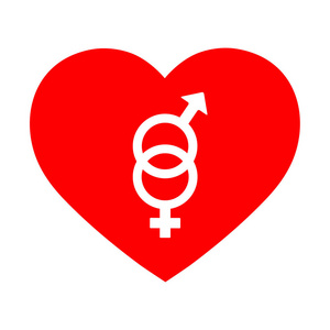 男性和女性的标志。白色背景红色心脏白色图标
