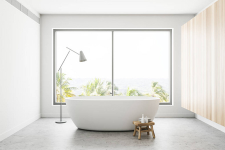 白色和木墙全景浴室内饰与热带景观。一个优雅的白色浴缸站在窗口附近。它旁边有盏灯。3d 渲染模拟