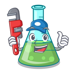 水管工科学烧杯吉祥物卡通与板科学烧杯字符卡通卡通彩色化学试管图标