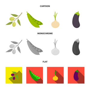 一个树枝上的橄榄, 豌豆, 洋葱, 茄子。蔬菜集合图标在卡通, 平面, 单色风格矢量符号股票插画网站