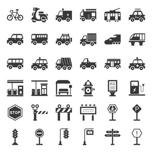交通和路标, 如卡车, 汽车, 停车标志, 公共汽车站, 加油站, 实心图标