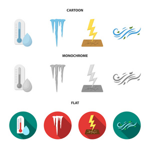 湿度, 冰柱, 雷电, 刮风天气。天气集合图标在卡通, 平, 单色风格矢量符号股票插画网站