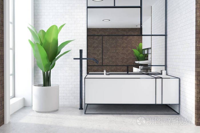 白砖阁楼浴室内有白色地板和盆栽植物白色水槽 大镜子 3d 渲染模拟照片 正版商用图片0510 摄图新视界