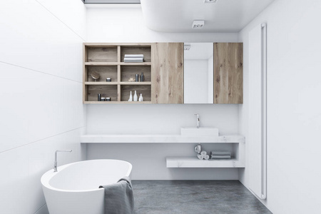 白色现代浴室内有木制橱柜, 白色浴缸和水槽。一层水泥地板。3d 渲染模拟