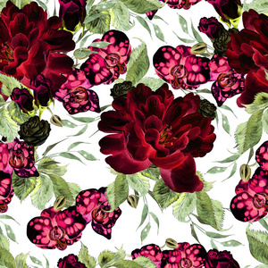 花玫瑰牡丹兰花鲜艳的水彩无缝图案