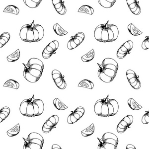 手工绘制的南瓜图案。不同种类的南瓜。秋季模式背景。黑白相间。矢量插图