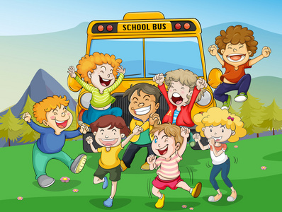 孩子们和学校巴士