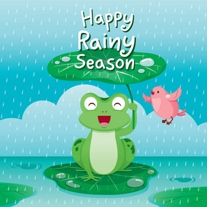 青蛙在荷叶下为保护在雨中, 鸟四处飞来飞去, 季风, 雨天, 季节, 雨滴