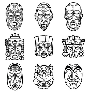 非洲工艺巫毒部落面具和印加南美文化图腾符号向量集非洲面具手绘水彩