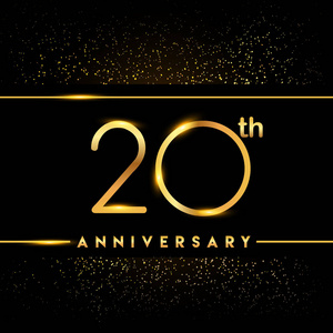 20年周年纪念庆祝标识。黑色背景的金色标志, 问候或邀请卡的矢量设计