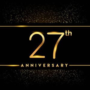 27年周年纪念庆祝标识。黑色背景的金色标志, 问候或邀请卡的矢量设计
