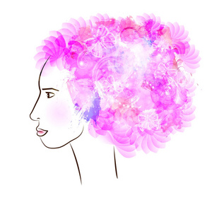 她头发上有花的抽象女孩。向量