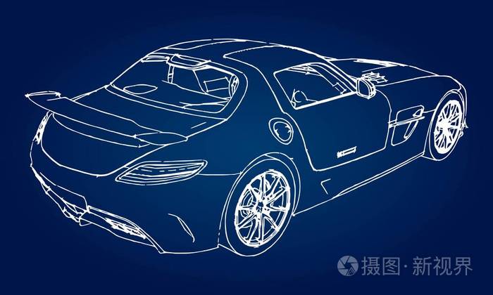 现代跑车在带有渐变的蓝色背景下的素描