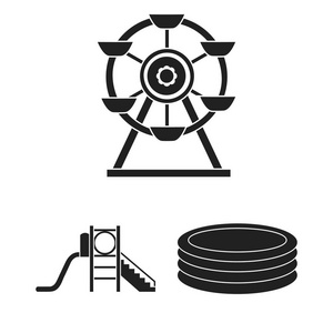 游乐场, 娱乐黑色图标集为设计收藏。吸引和设备矢量符号股票网页插图