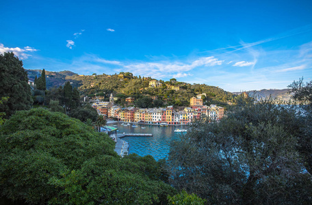 美丽的海湾波托菲诺渔村, 豪华海港, 利古里亚海岸附近热那亚, 意大利, 欧洲