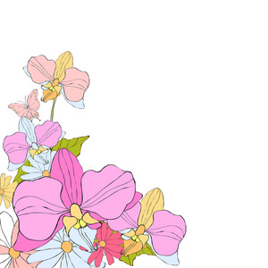 浪漫贺卡与美丽的花朵和蝴蝶孤立在白色背景, 矢量, 插图