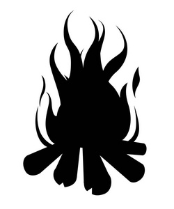 黑色剪影。用木头烧篝火。矢量卡通风格的篝火演示。在白色背景上被隔离