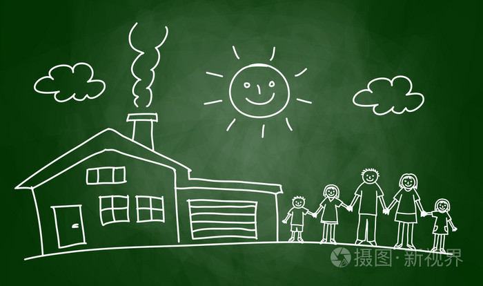 黑板上画的房子和家庭