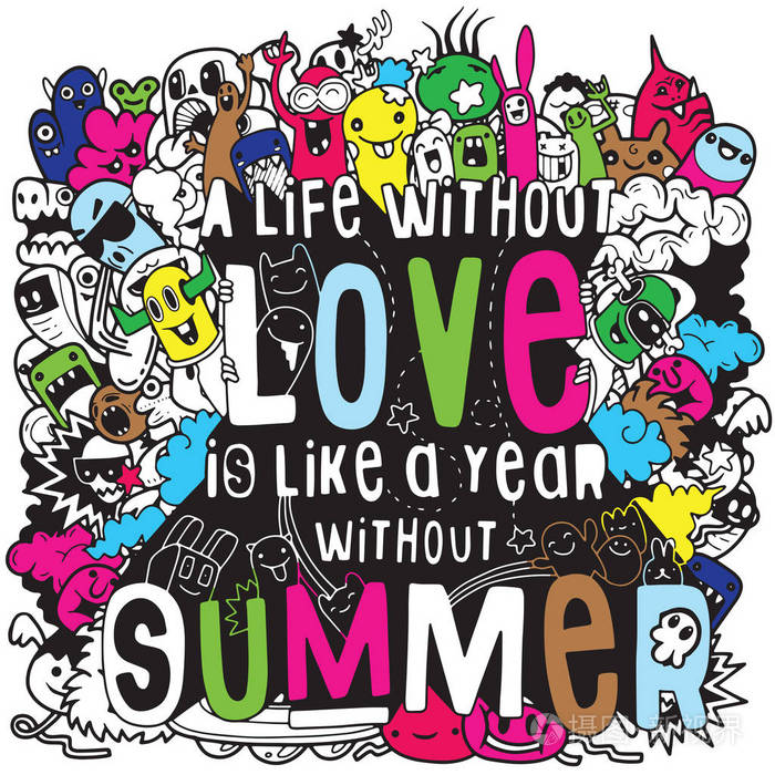 手绘矢量插图集夏季元素可爱怪兽涂鸦插图