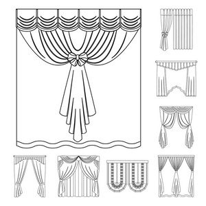 不同种类的窗帘在集合中为设计设置图标。窗帘和 lambrequins 矢量符号股票网页插图