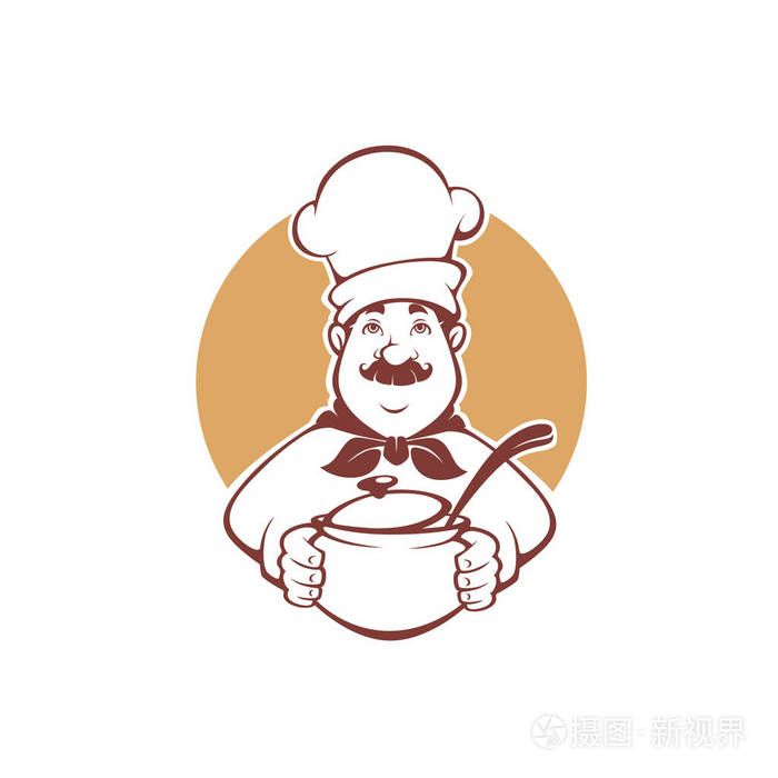 快乐卡通厨师拿着一个汤壶, 矢量插图为您的标志, 标签, 吉祥物