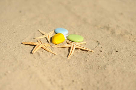 与多彩卵石沙滩上的海星
