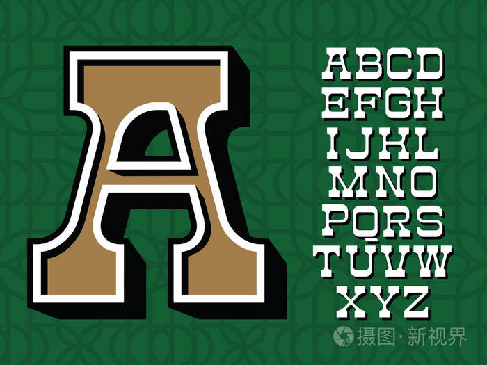 西方字体.绿色主题中带有拉丁文字母的矢量字母表