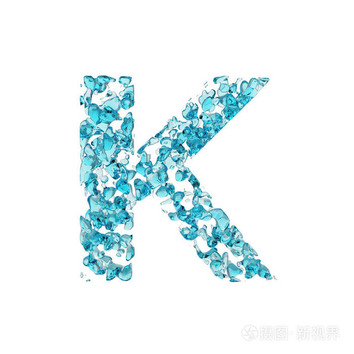 字母k大写由蓝色水滴制成的液体字体3d渲染在白色背景下被隔离