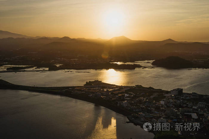 日落景色从日出峰到城山, 韩国济州岛