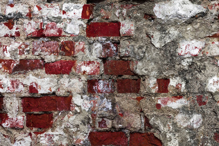 古建筑旧墙的深色纹理, 石膏层破损, 红色砖块开裂, 特写抽象背景