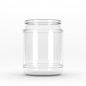 3d. 在白色背景下渲染真实无盖的空玻璃罐。模拟闪烁玻璃银行