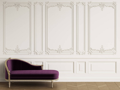 经典的贵妃椅在经典的内部与复制空间。白色墙壁与装饰。地板木地板的人字形。数字插图. 3 d 渲染