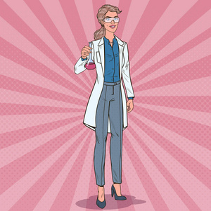 女实验室研究员.化学药理学的概念.矢量插图照片