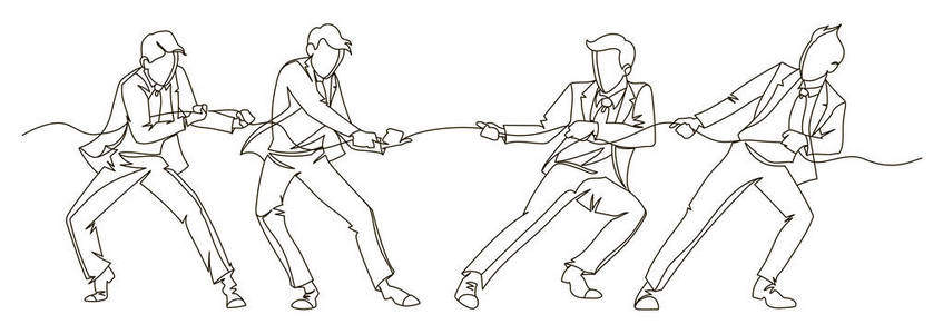 商人拉绳连续线艺术.业务团队的线性概念.剪影人竞争.矢量插图照片