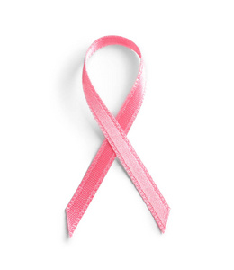 白色背景上的粉红色丝带, 顶部视图。癌症意识