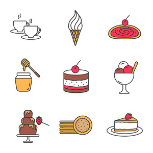 糖果颜色图标设置 热饮料, 冰淇淋, 馅饼, 蜂蜜罐, 提拉米苏, 巧克力喷泉, 三明治饼干, 芝士蛋糕