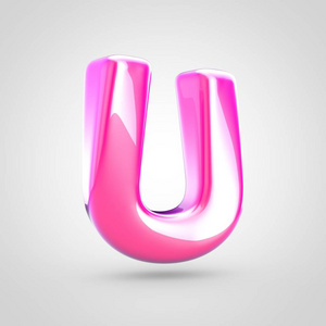 粉红色字母 U 大写。3d 渲染白色背景下的亮闪闪发亮的粉红色字体