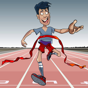 卡通快乐的人第一次到达终点线, 撕开红丝带照片