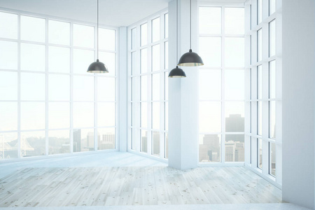 空的干净的白色房间内部与全景城市看法, 日光和灯。3d 渲染
