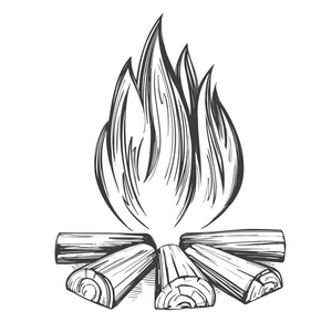 火徽, 林中休憩, 野营手画矢量插画写实素描照片