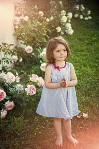 快乐的孩子玩得开心。孩子赤脚站在盛开的玫瑰花上绿草