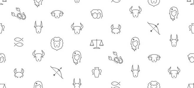 紫外光下的蝎子星座图标无缝图案轮廓描边设置虚线设计插图在白色背景