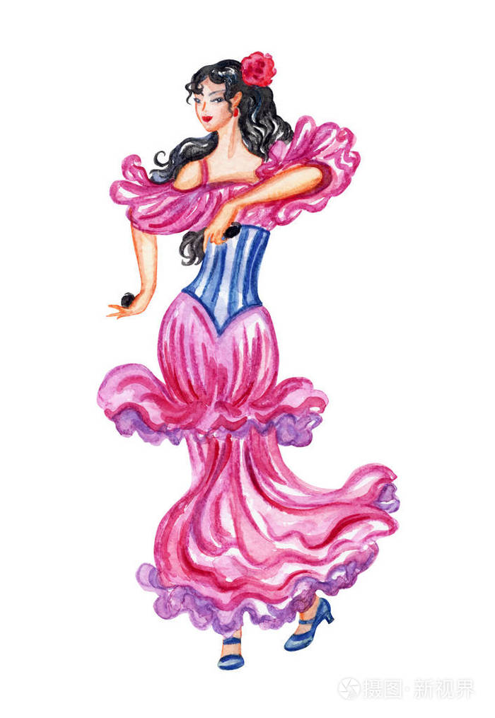 西班牙舞蹈家, 水彩绘画在白色背景, 隔绝