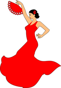 弗拉门戈舞者在红色礼服和红色风扇在她举起的手在白色背景