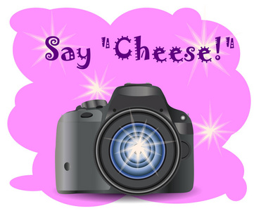 逼真的现代相机在粉红色背景闪烁, 数码照片相机, 摄影师设备。题字说乳酪
