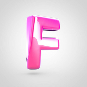 粉红色字母 F 大写。3d 渲染白色背景下的亮闪闪发亮的粉红色字体