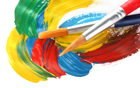 水粉颜料和画笔抽象水粉颜料和画笔,孤立在白色照片