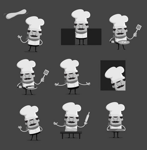 厨师和厨师的各种黑白姿势平面矢量插画设计