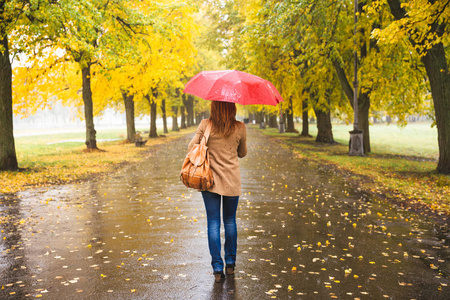 快乐妇女用红色雨伞在美丽的秋天公园漫步在雨中照片
